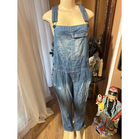 Hot Kiss Denim - Hot Kiss Ava Denim Overalls Womens XL Blue Distressed Bib Adjustable Straps